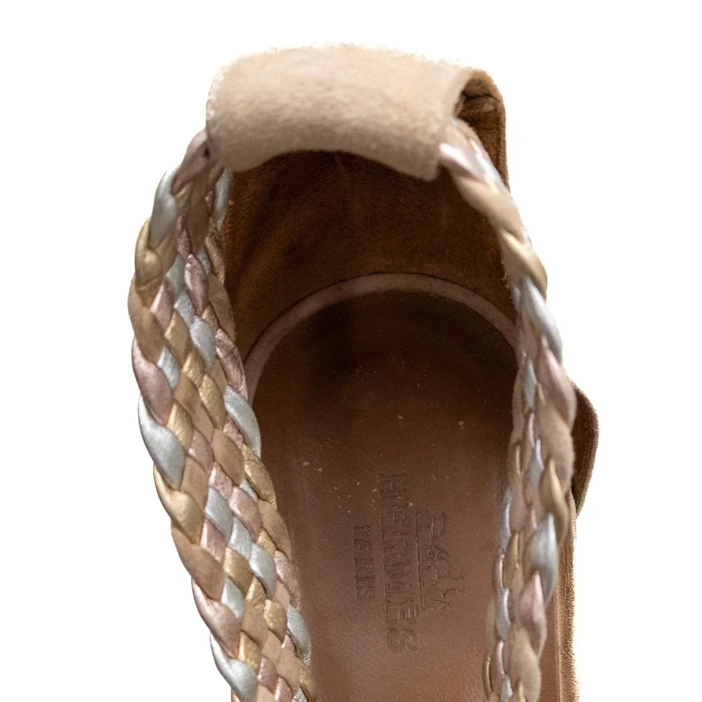 HERMÈS TAUPE SUEDE & METALLIC BRAIDED STRAP INES ESPADRILLE WEDGES EU 38 US 7.5‎